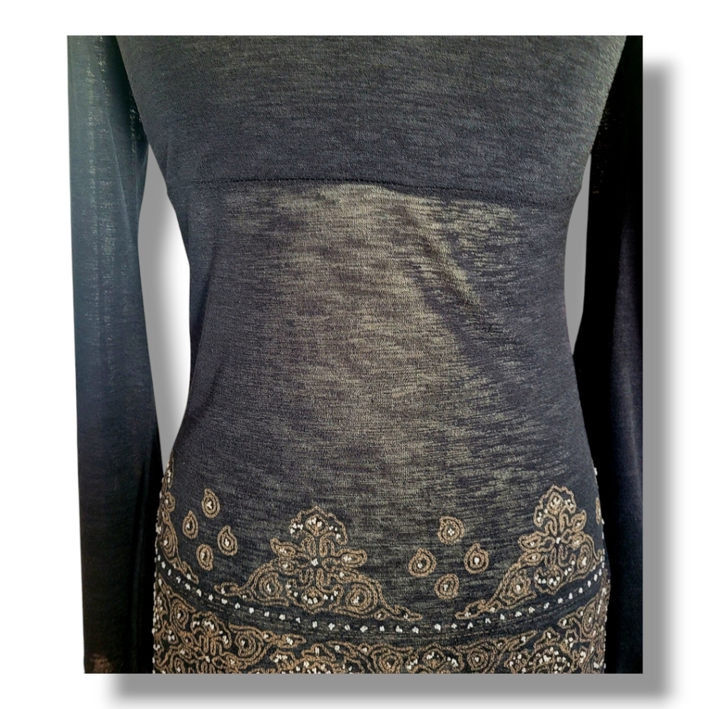 MCM Black/Tan Partially Sheer Long Sleeve Tunic with Décolleté Neckline. Size M - Picture 3 of 11